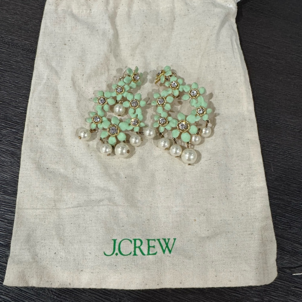J. Crew Green Floral Earrings with Pearl Accents
